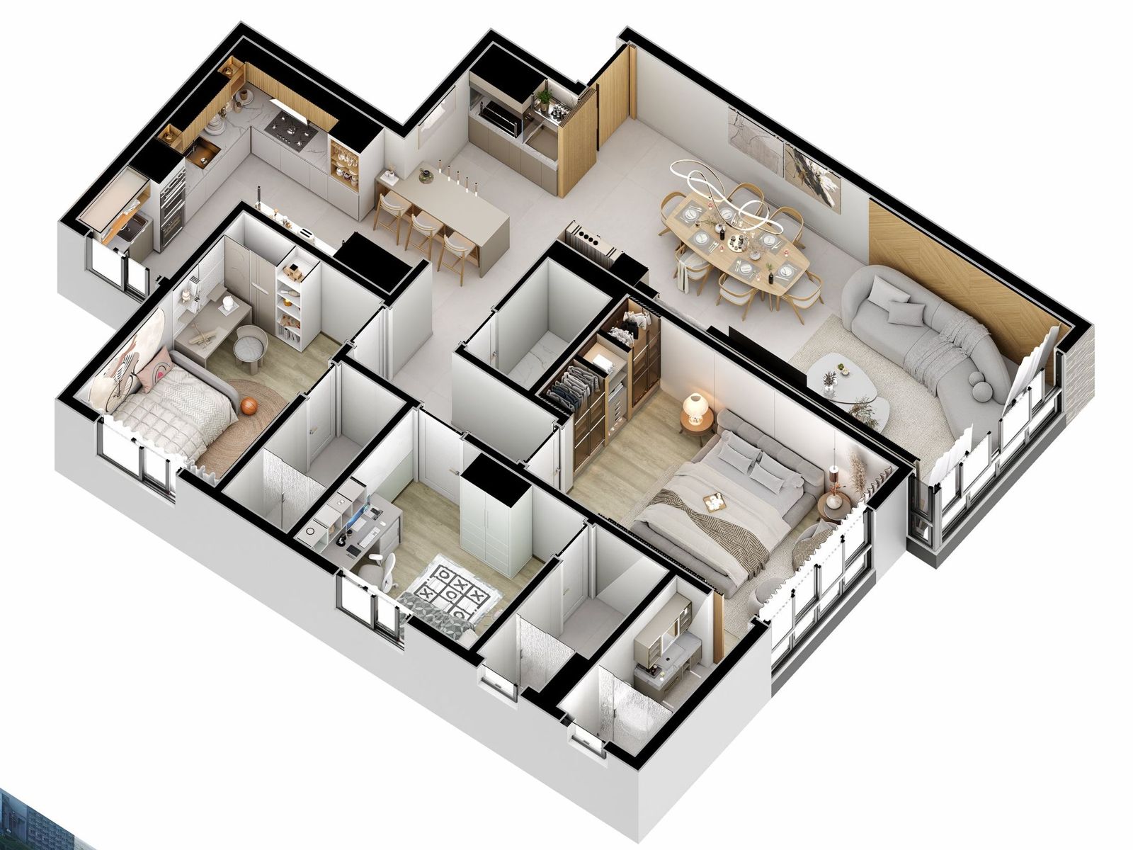 Planta 3D humanizada do apartamento tipo