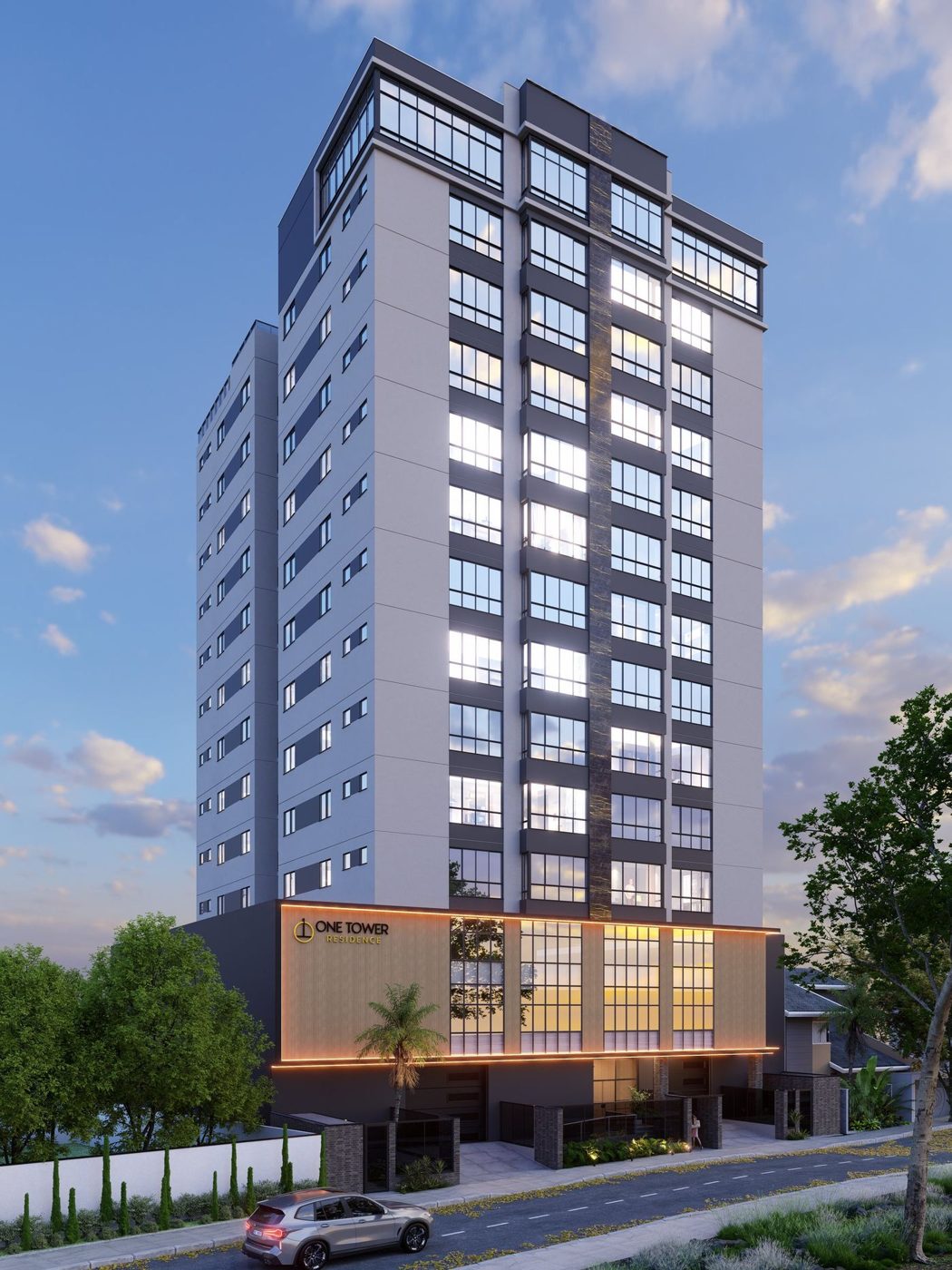 Fachada do One Tower Residence ao entardecer
